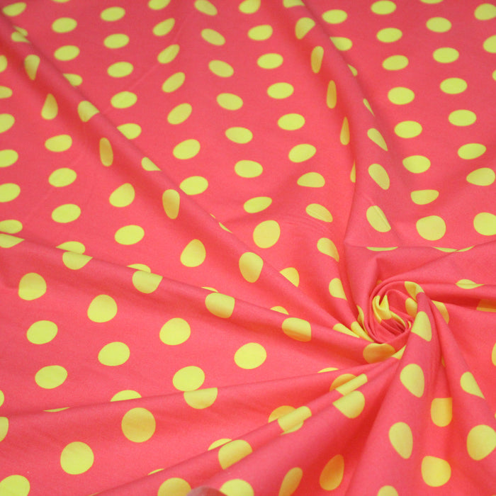 Tissu popeline de coton rose à pois jaunes 18mm - COLLECTION POLKA DOT