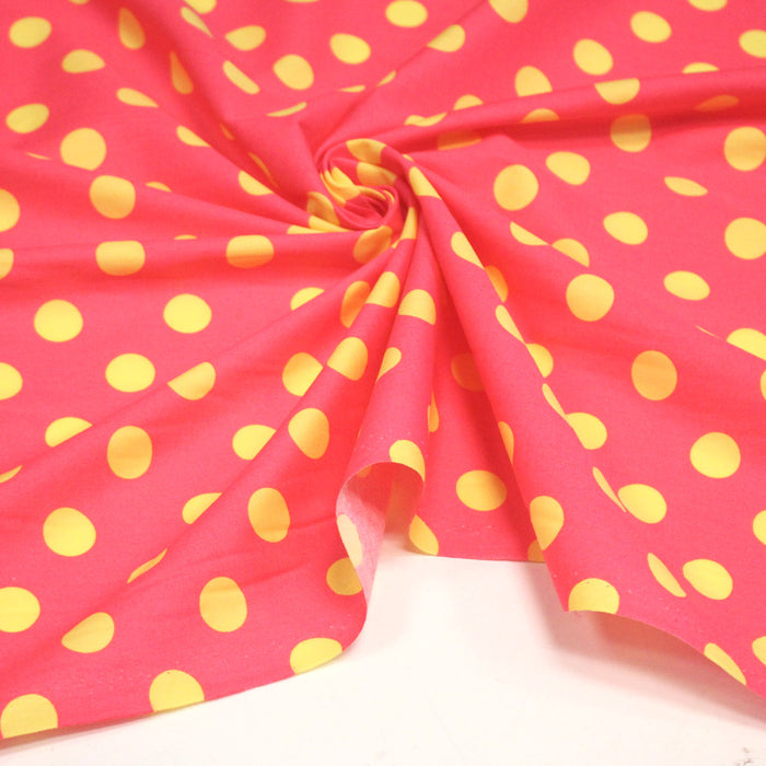 Tissu popeline de coton rose à pois jaunes 18mm - COLLECTION POLKA DOT