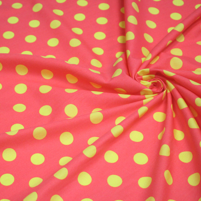 Tissu popeline de coton rose à pois jaunes 18mm - COLLECTION POLKA DOT