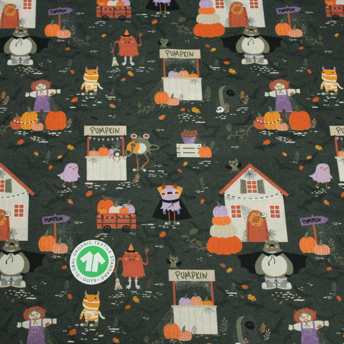 Tissu de coton Le jardin d'Halloween, citrouilles et jolis monstres- Collection Halloween - OEKO-TEX®