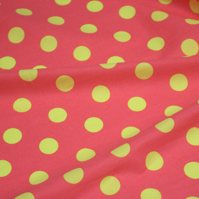 Tissu popeline de coton rose à pois jaunes 18mm - COLLECTION POLKA DOT