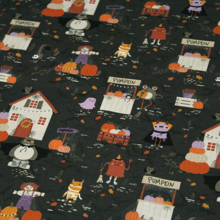 Tissu de coton Le jardin d'Halloween, citrouilles et jolis monstres- Collection Halloween - OEKO-TEX®