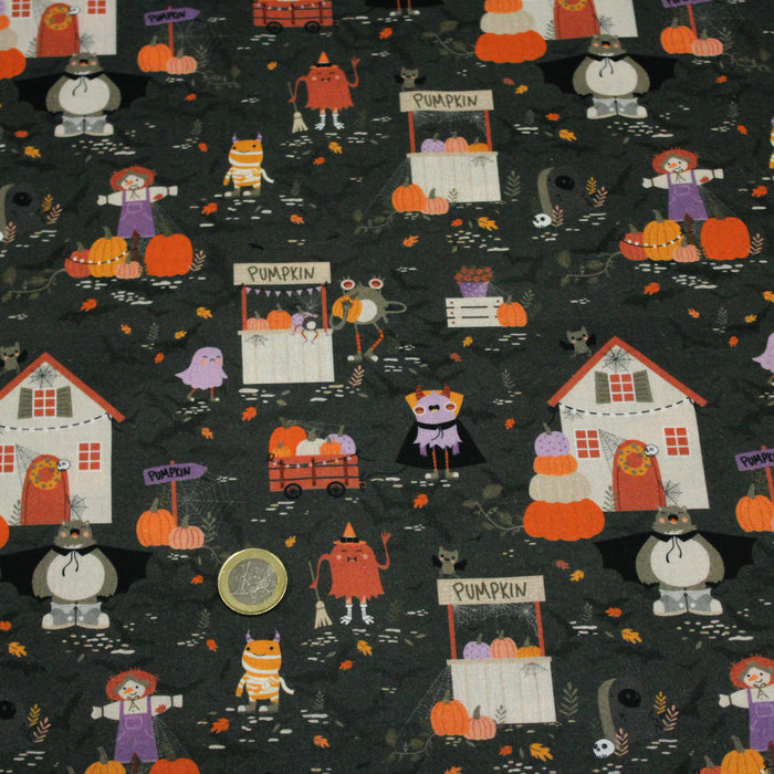 Tissu de coton Le jardin d'Halloween, citrouilles et jolis monstres- Collection Halloween - OEKO-TEX®