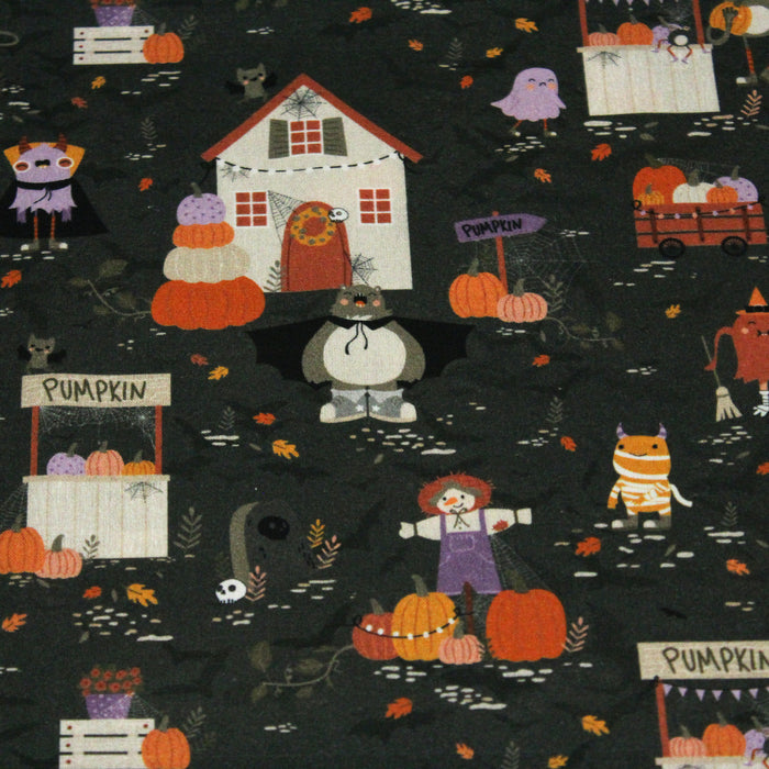 Tissu de coton Le jardin d'Halloween, citrouilles et jolis monstres- Collection Halloween - OEKO-TEX®