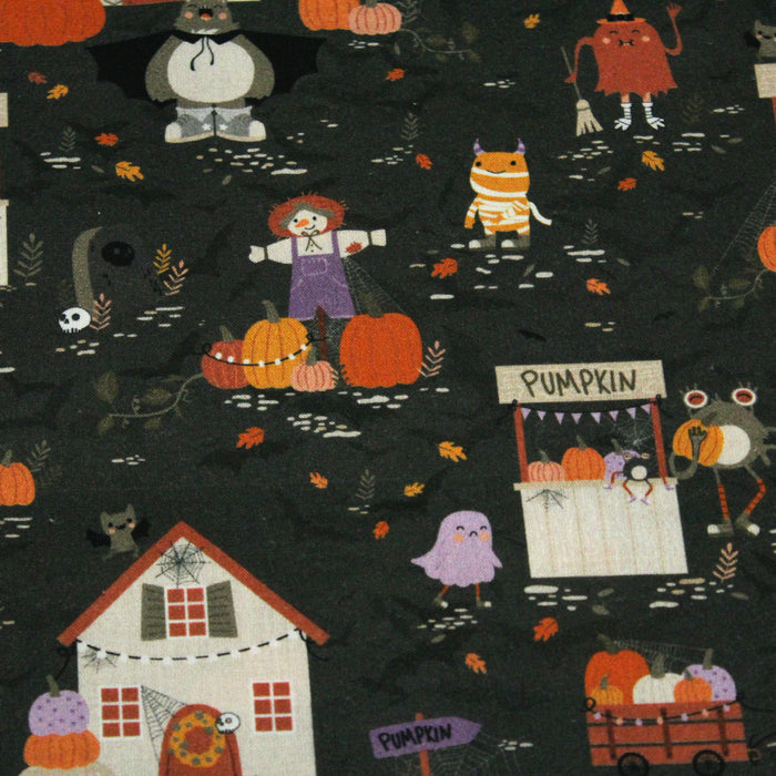 Tissu de coton Le jardin d'Halloween, citrouilles et jolis monstres- Collection Halloween - OEKO-TEX®