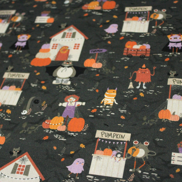 Tissu de coton Le jardin d'Halloween, citrouilles et jolis monstres- Collection Halloween - OEKO-TEX®