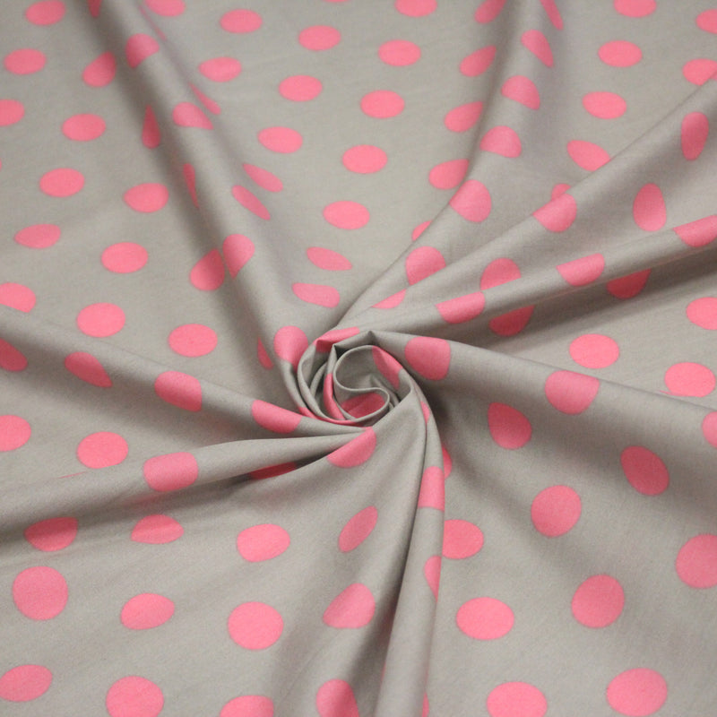 Tissu popeline de coton gris clair à pois roses 18mm - COLLECTION POLKA DOT - TissusPapi.com