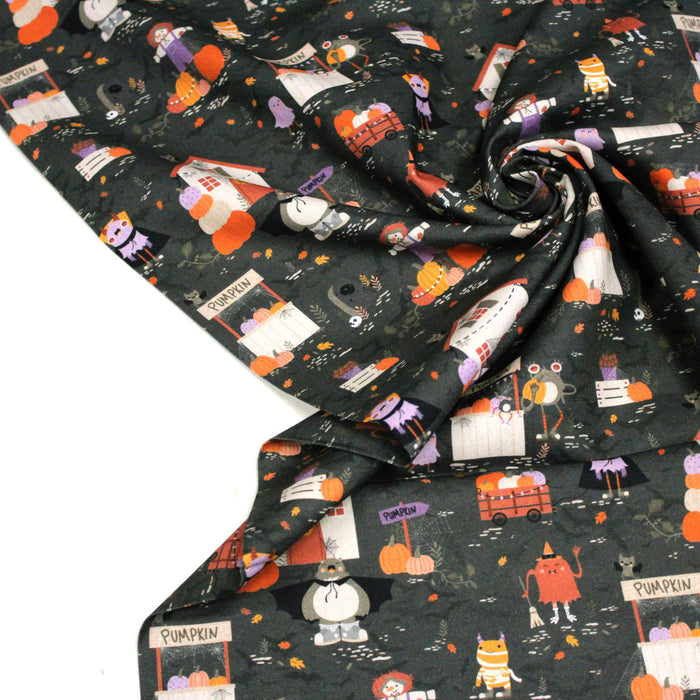 Tissu de coton Le jardin d'Halloween, citrouilles et jolis monstres- Collection Halloween - OEKO-TEX®