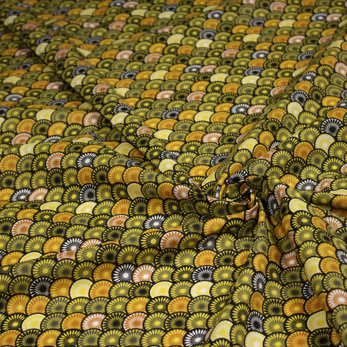 Tissu cotonnade motif japonais EVENTAIL tons jaunes - OEKO-TEX