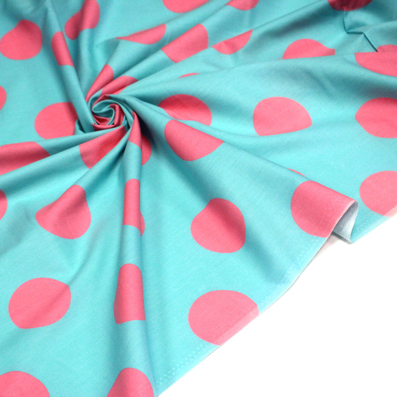 Tissu popeline de coton bleu turquoise à pois roses 52mm - COLLECTION POLKA DOT - TissusPapi.com