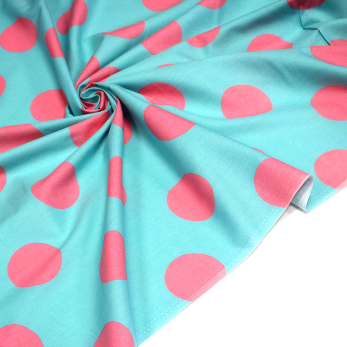 Tissu popeline de coton bleu turquoise à pois roses 52mm - COLLECTION POLKA DOT