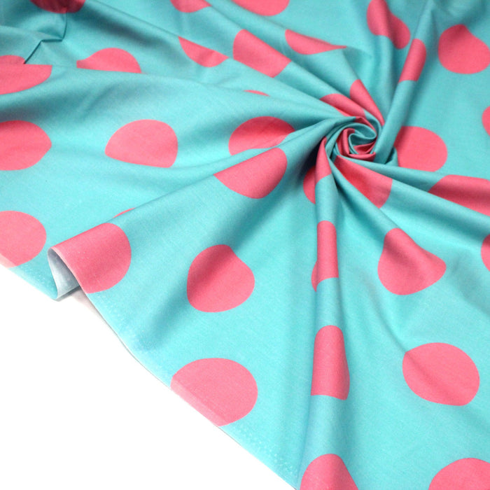 Tissu popeline de coton bleu turquoise à pois roses 52mm - COLLECTION POLKA DOT