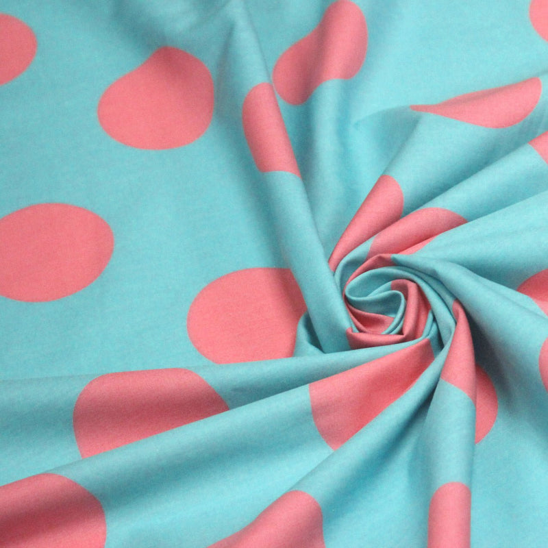 Tissu popeline de coton bleu turquoise à pois roses 52mm - COLLECTION POLKA DOT - TissusPapi.com