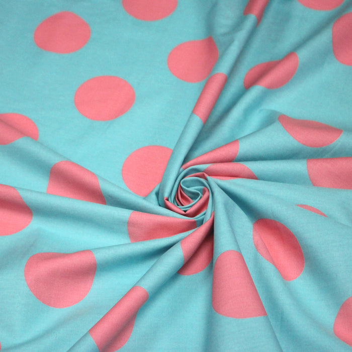 Tissu popeline de coton bleu turquoise à pois roses 52mm - COLLECTION POLKA DOT