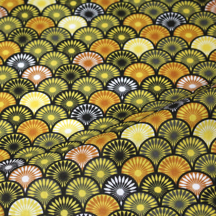 Tissu cotonnade motif japonais EVENTAIL tons jaunes - OEKO-TEX