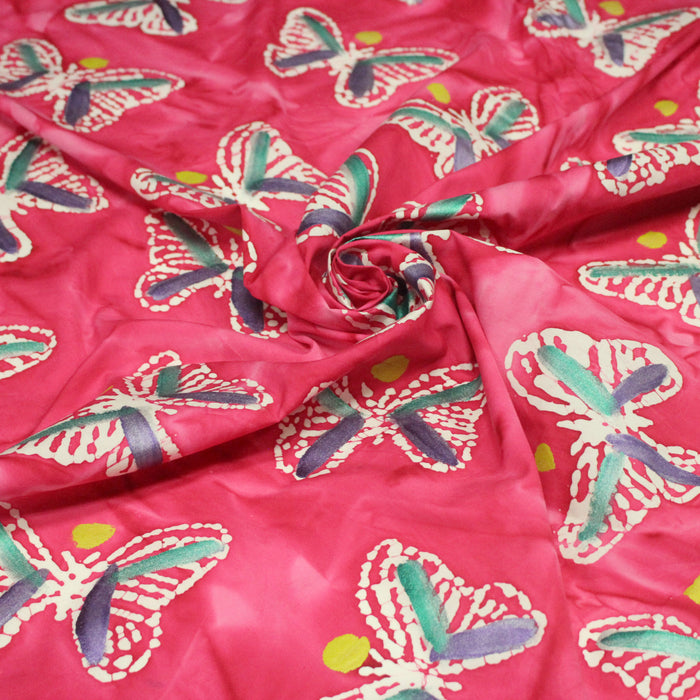 Tissu cotonnade BATIK aux papillons blanc : rose, vert, violet - MADE IN INDIA - TissusPapi.com