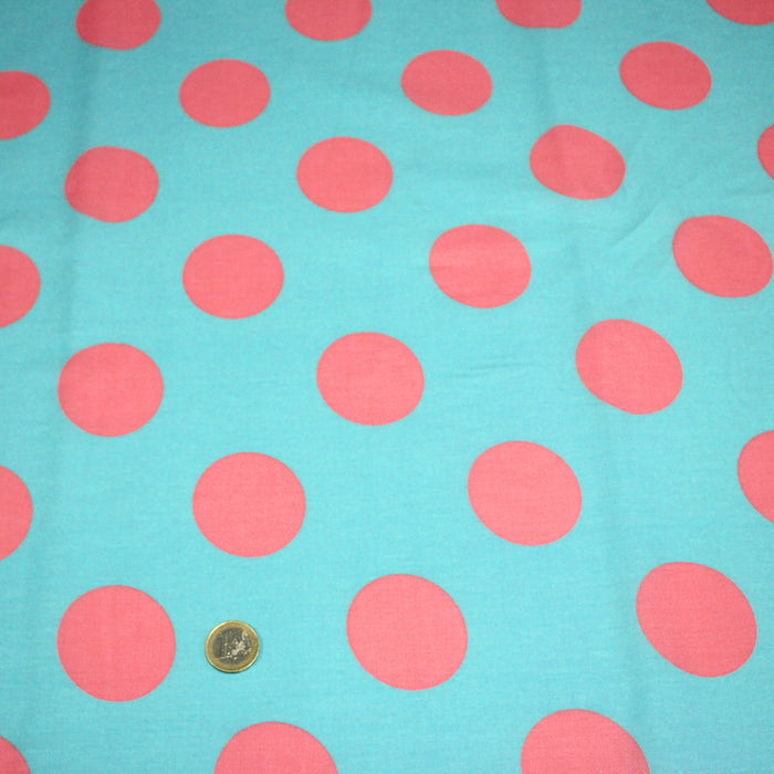 Tissu popeline de coton bleu turquoise à pois roses 52mm - COLLECTION POLKA DOT