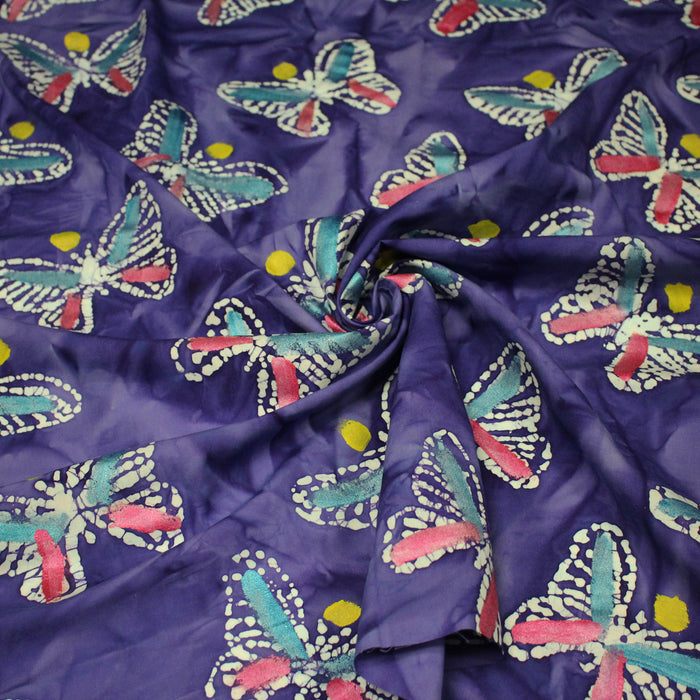 Tissu cotonnade BATIK aux papillons blanc : rose, vert, violet - MADE IN INDIA - TissusPapi.com