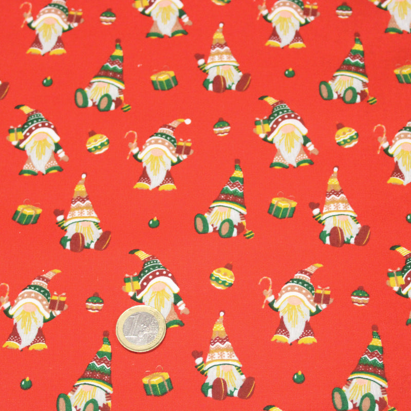 Tissu cotonnade de NOËL, Gnomes & lutins, fond rouge - OEKO-TEX STANDARD 100