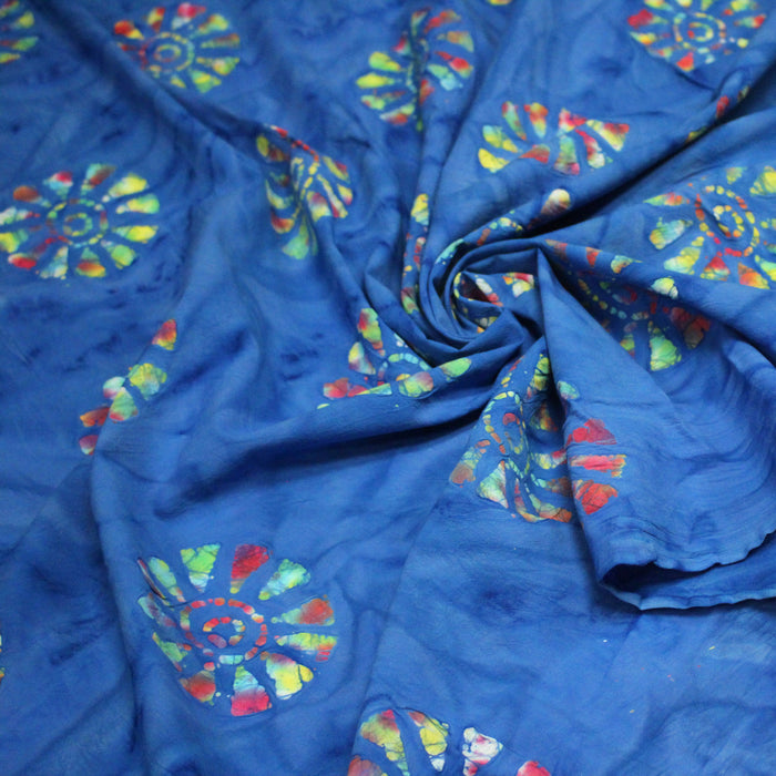 Tissu coton block print bleu aux soleils multicolores - MADE IN INDIA - TissusPapi.com