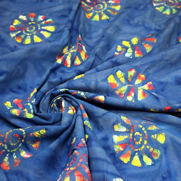 Tissu coton block print bleu aux soleils multicolores - MADE IN INDIA - TissusPapi.com