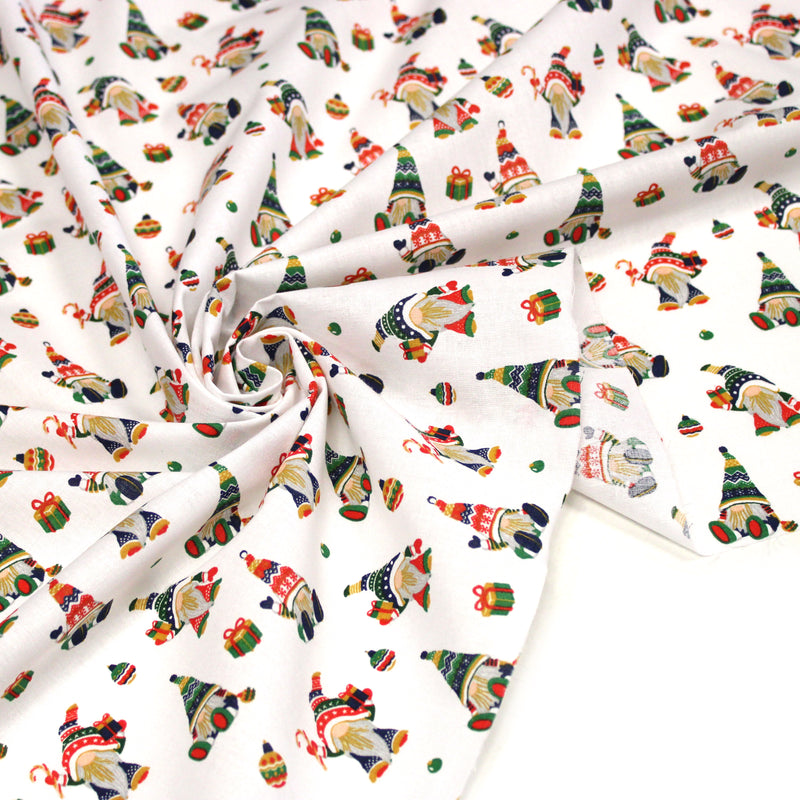 Tissu cotonnade de NOËL - Gnomes & lutins, fond blanc - OEKO-TEX STANDARD 100