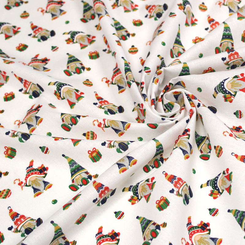 Tissu cotonnade de NOËL - Gnomes & lutins, fond blanc - OEKO-TEX STANDARD 100