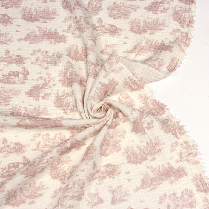 Tissu double gaze imprimée motif Toile de Jouy rose OBER, fond écru - Fabrication française