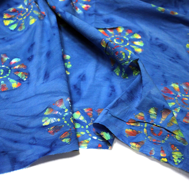 Tissu coton block print bleu aux soleils multicolores - MADE IN INDIA - TissusPapi.com