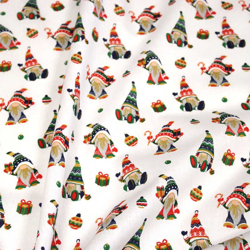 Tissu cotonnade de NOËL - Gnomes & lutins, fond blanc - OEKO-TEX STANDARD 100