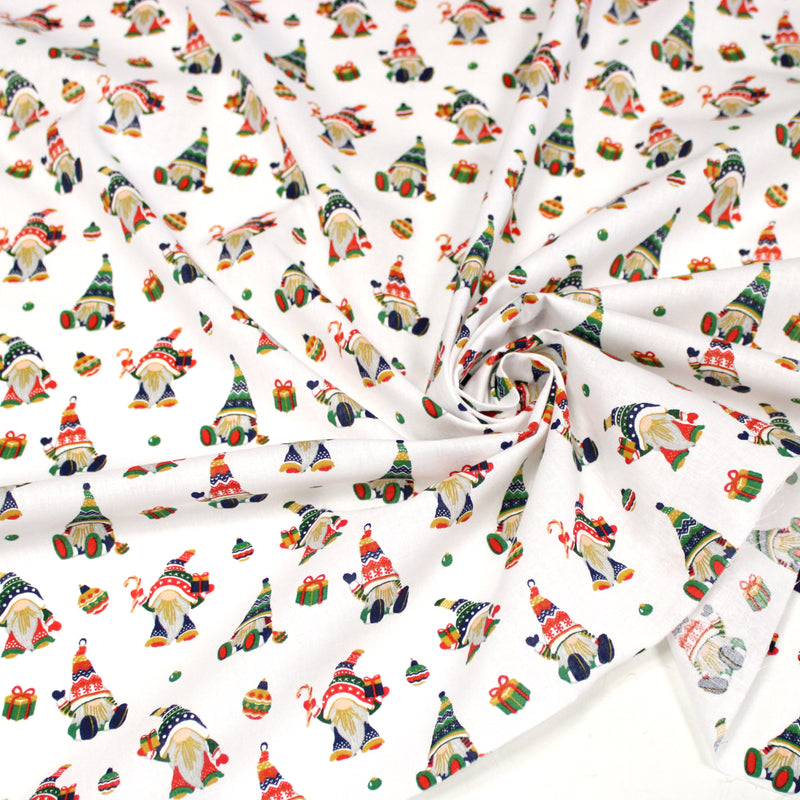 Tissu cotonnade de NOËL - Gnomes & lutins, fond blanc - OEKO-TEX STANDARD 100