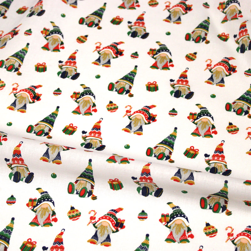 Tissu cotonnade de NOËL - Gnomes & lutins, fond blanc - OEKO-TEX STANDARD 100