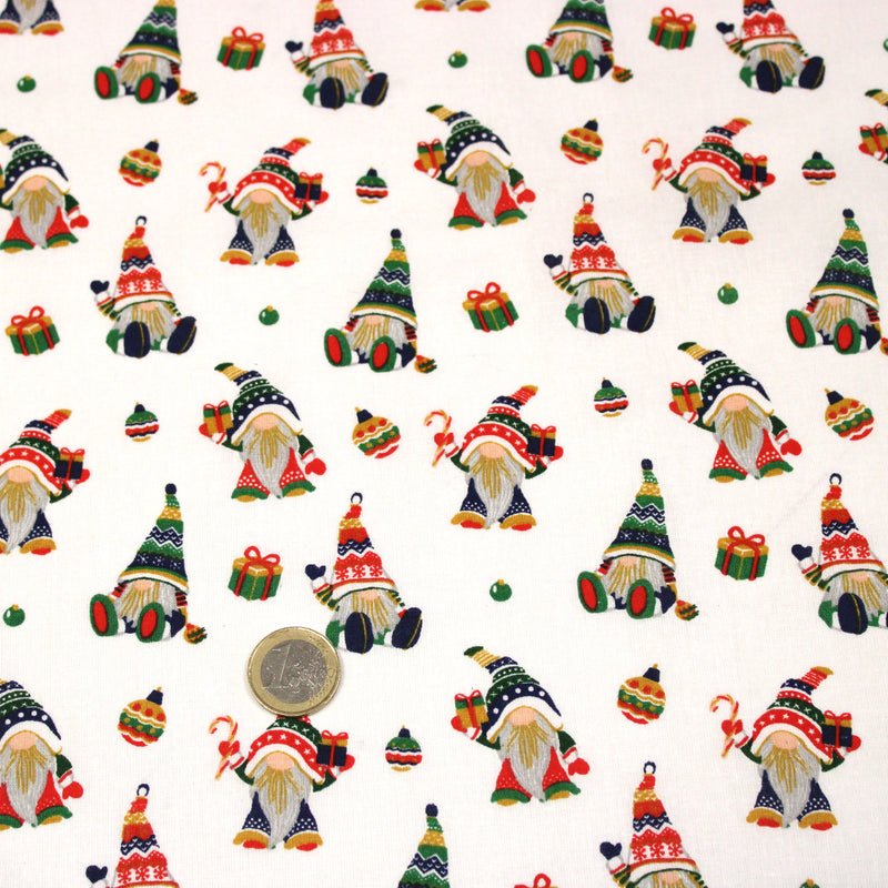 Tissu cotonnade de NOËL - Gnomes & lutins, fond blanc - OEKO-TEX STANDARD 100