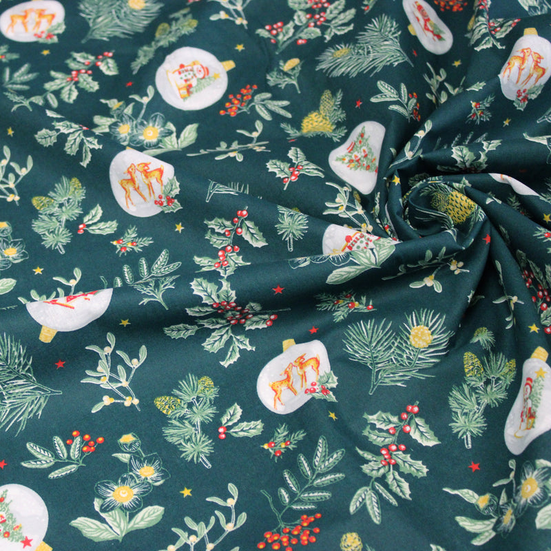 Tissu cotonnade de NOËL - Houx & boules de Noël, fond vert - OEKO-TEX STANDARD 100