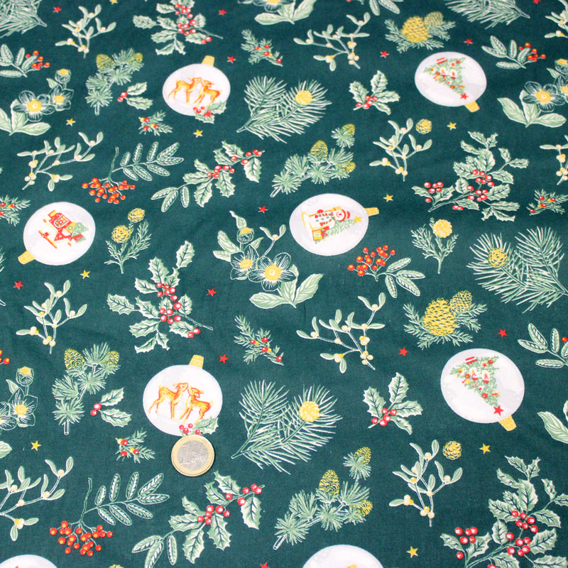 Tissu cotonnade de NOËL - Houx & boules de Noël, fond vert - OEKO-TEX STANDARD 100