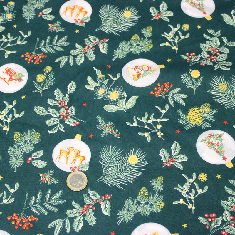 Tissu cotonnade de NOËL - Houx & boules de Noël, fond vert - OEKO-TEX STANDARD 100