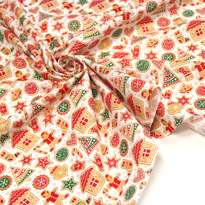 Tissu cotonnade de NOËL – Petits biscuits, pain d’épices et décorations, fond blanc - OEKO-TEX STANDARD 100