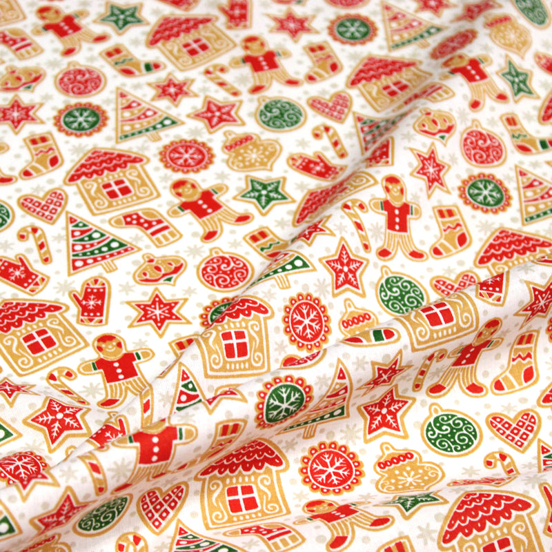 Tissu cotonnade de NOËL – Petits biscuits, pain d’épices et décorations, fond blanc - OEKO-TEX STANDARD 100
