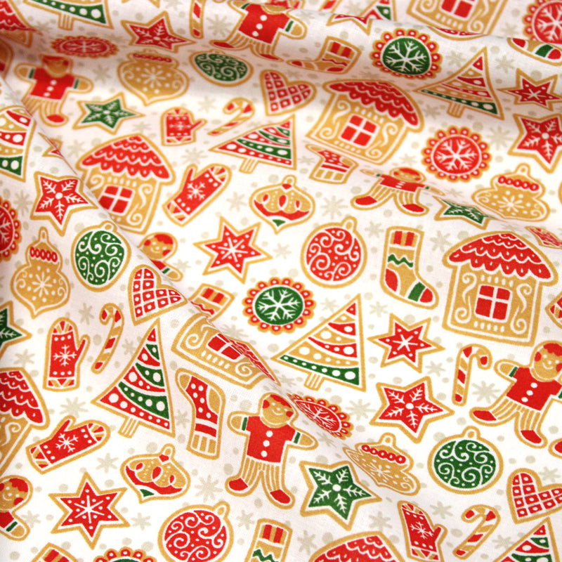 Tissu cotonnade de NOËL – Petits biscuits, pain d’épices et décorations, fond blanc - OEKO-TEX STANDARD 100