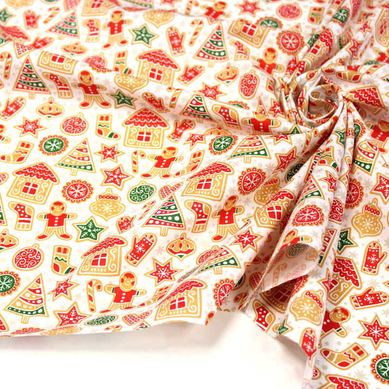 Tissu cotonnade de NOËL – Petits biscuits, pain d’épices et décorations, fond blanc - OEKO-TEX STANDARD 100