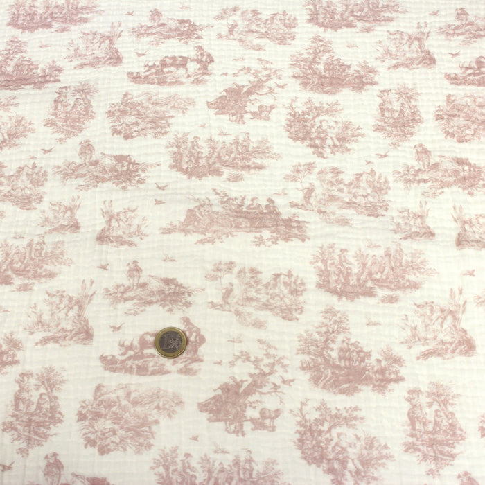 Tissu double gaze imprimée motif Toile de Jouy rose OBER, fond écru - Fabrication française