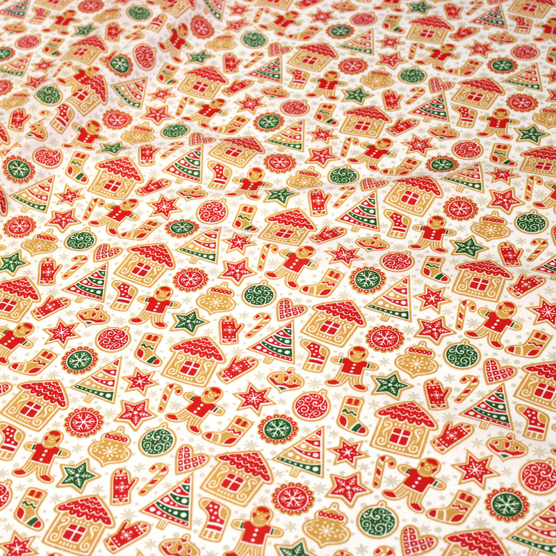 Tissu cotonnade de NOËL – Petits biscuits, pain d’épices et décorations, fond blanc - OEKO-TEX STANDARD 100