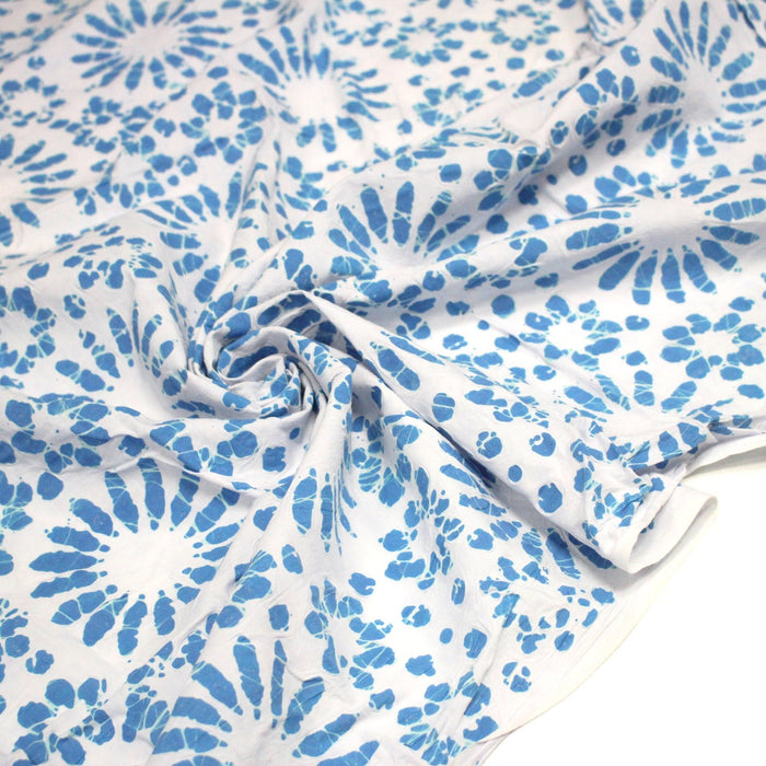 Tissu coton block print blanc cassé aux fleurs bleu turquoise - MADE IN INDIA