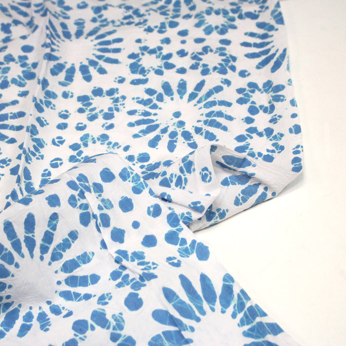 Tissu coton block print blanc cassé aux fleurs bleu turquoise - MADE IN INDIA