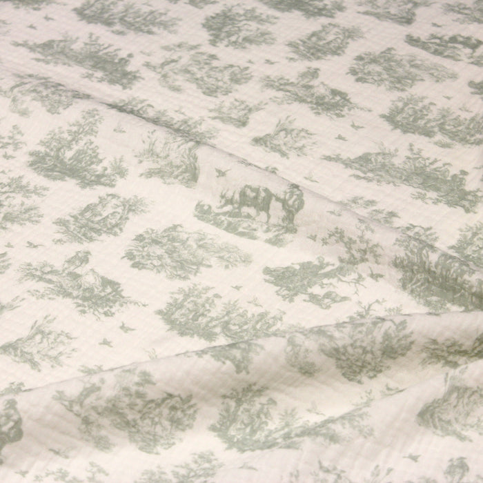 Tissu double gaze imprimée motif Toile de Jouy vert OBER, fond écru - Fabrication française