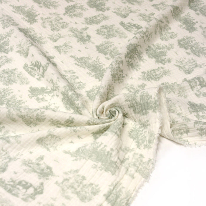 Tissu double gaze imprimée motif Toile de Jouy vert OBER, fond écru - Fabrication française