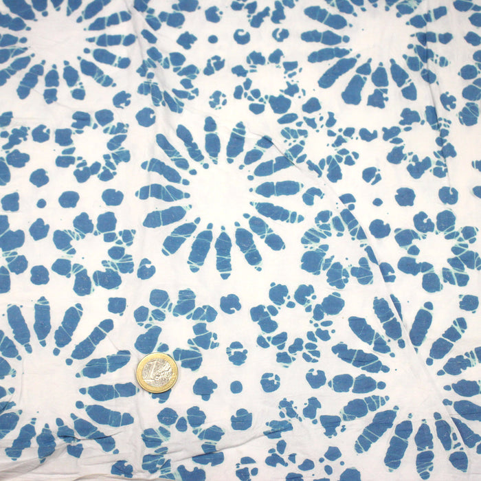 Tissu coton block print blanc cassé aux fleurs bleu turquoise - MADE IN INDIA