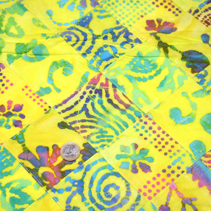 Tissu coton block print patchwork de motifs indiens, tons jaune citron, vert, rose - MADE IN INDIA