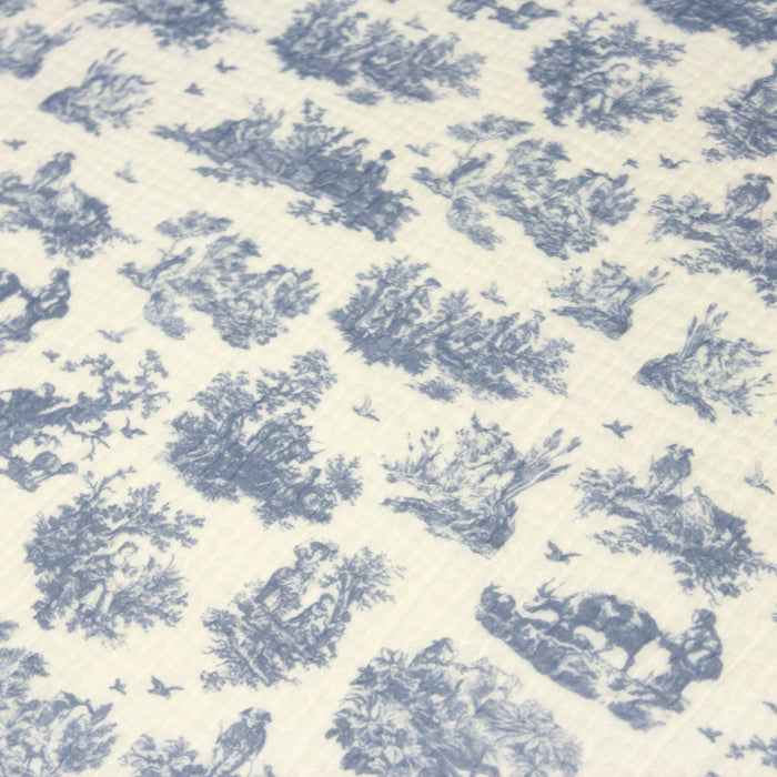 Tissu double gaze imprimée motif Toile de Jouy bleu OBER, fond écru - Fabrication française