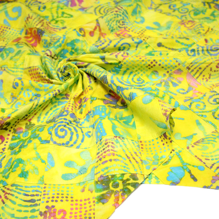 Tissu coton block print patchwork de motifs indiens, tons jaune citron, vert, rose - MADE IN INDIA